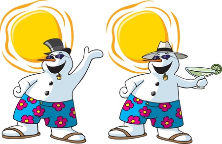 Two cartoon Snowmen having fun in the sun  Layered vector and high resolution jpeg files available  Suns, hats, sunglasses and snowmen are all on separate layers のイラスト素材