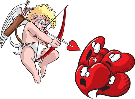 Cartoon Cupid taking aim at a group of hearts. Layered vector and high resolution jpeg file available.のイラスト素材