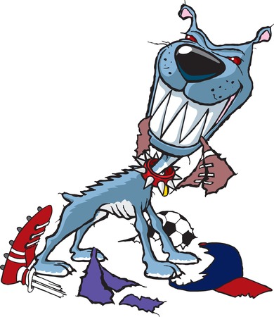 A wild cartoon dog with various torn apart sports equipment のイラスト素材