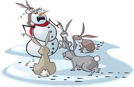 A cartoon snowman surrounded by hungry rabbits  のイラスト素材