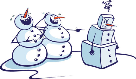 Layered vector cartoon of two snowmen laughing at a fellow snowman  High resolution jpeg file also available のイラスト素材