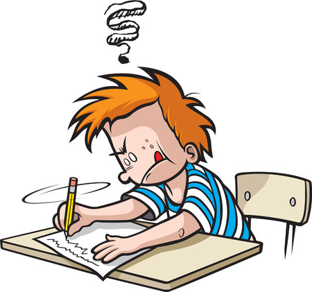 School Boy writing. Cartoon Boy in Grade school writing on paperのイラスト素材