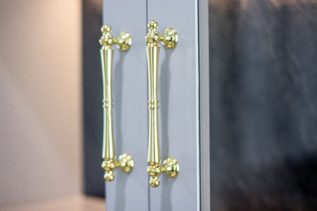 Close-up of the room's white wood cabinetsの写真素材