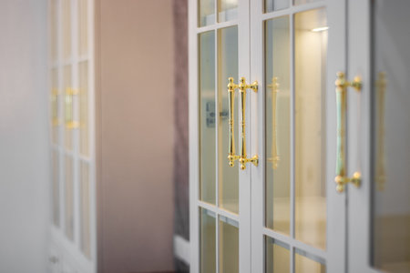 Close-up of the room's white wood cabinetsの写真素材