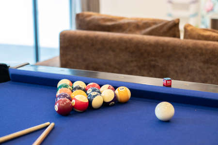 Blue Pool table with ballsの写真素材