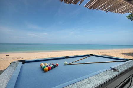 Blue Pool table with ballsの写真素材