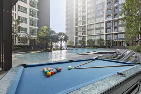 Blue Pool table with ballsの写真素材