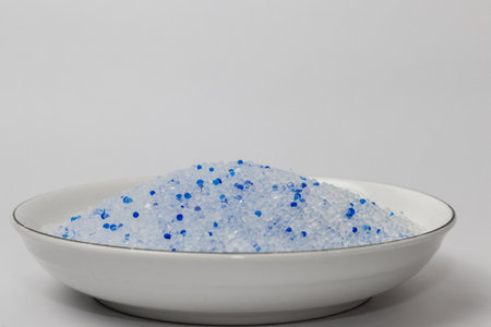 Blue Silica Gel Desiccant on White Backgroundsの写真素材
