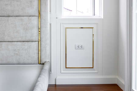 Close up of headboard in Modern bedroom..