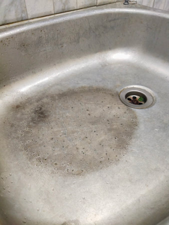 The old stainless steel sink has been used.の写真素材