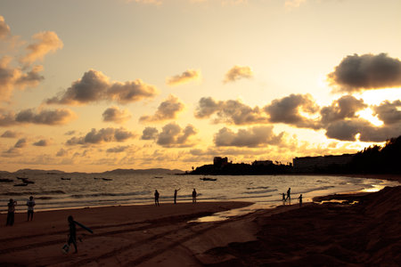 orange sunset evening beach at Thailandの写真素材