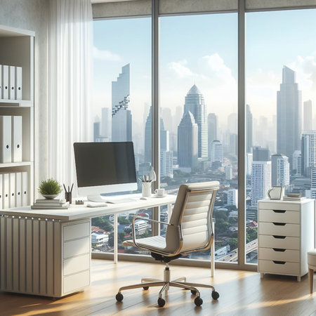 Computer on a desk in a high-rise office with a view of the cityの素材