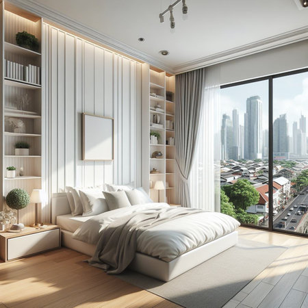 White Nordic style bedroom in a high-rise condo in the heart of the capital.の素材