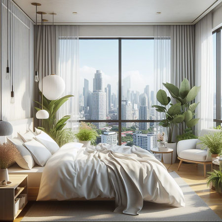 White Nordic style bedroom in a high-rise condo in the heart of the capital.の素材
