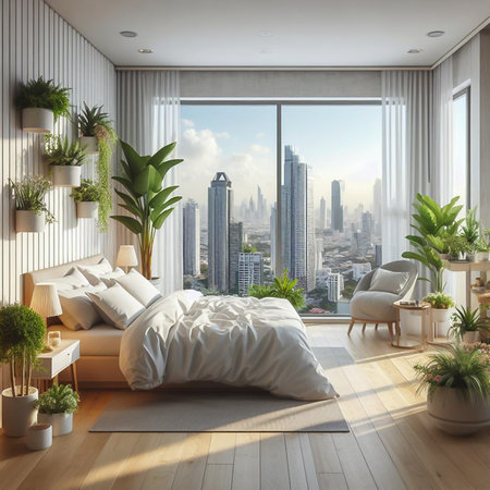White Nordic style bedroom in a high-rise condo in the heart of the capital.の素材