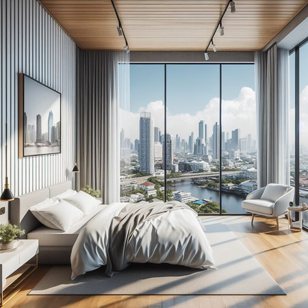 White Nordic style bedroom in a high-rise condo in the heart of the capital.の素材