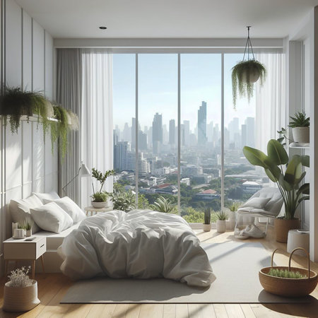 White Nordic style bedroom in a high-rise condo in the heart of the capital.の素材