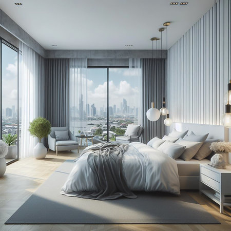 White Nordic style bedroom in a high-rise condo in the heart of the capital.の素材