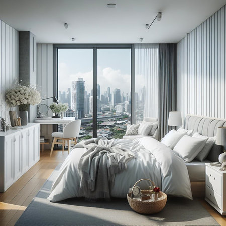 White Nordic style bedroom in a high-rise condo in the heart of the capital.の素材