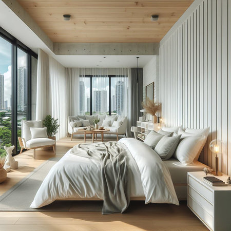 White Nordic style bedroom in a high-rise condo in the heart of the capital.の素材