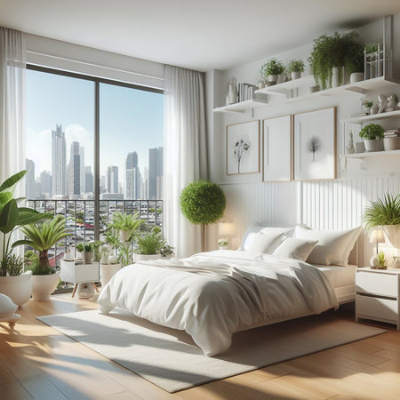 White Nordic style bedroom in a high-rise condo in the heart of the capital.の素材
