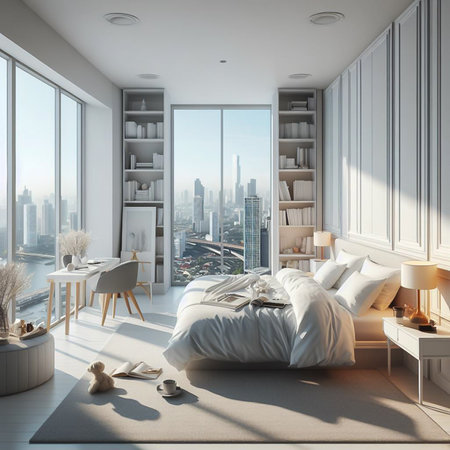 White Nordic style bedroom in a high-rise condo in the heart of the capital.の素材