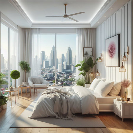 White Nordic style bedroom in a high-rise condo in the heart of the capital.の素材