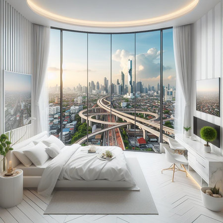 White Nordic style bedroom in a high-rise condo in the heart of the capital.の素材