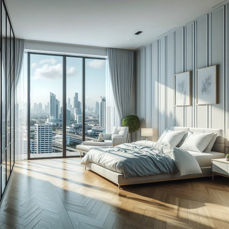 White Nordic style bedroom in a high-rise condo in the heart of the capital.の素材