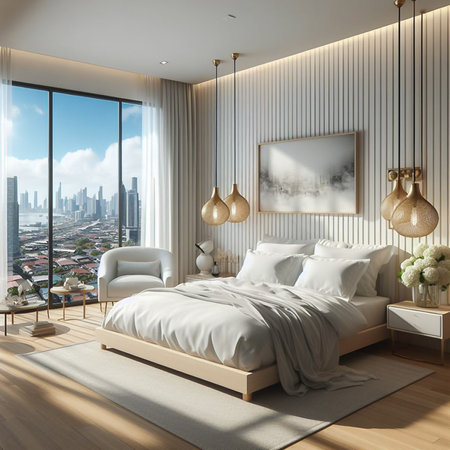 White Nordic style bedroom in a high-rise condo in the heart of the capital.の素材