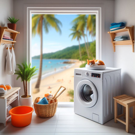 orange cat sleeps on a washing machine overlooking the beach.の素材