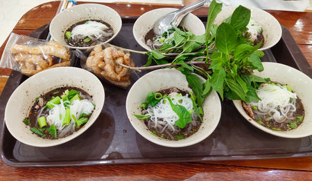Many bowls of boat noodles, Blood noodles in Thailand's floating marketの写真素材