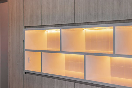Internal details of the oak wooden cabinet. Detail of modern furnitureの写真素材