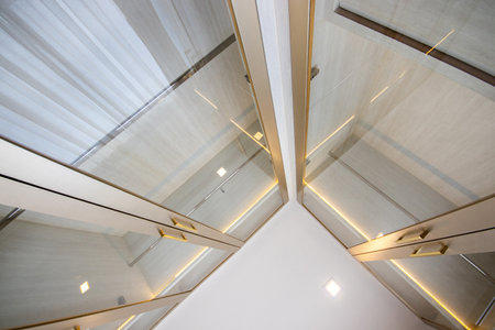 Internal details of the oak wooden cabinet. Detail of modern furnitureの写真素材