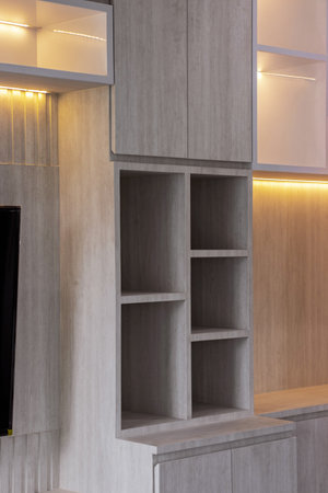 Internal details of the oak wooden cabinet. Detail of modern furnitureの写真素材