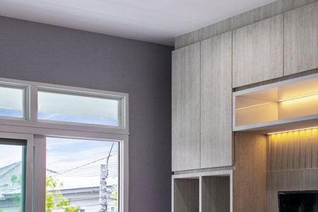 Internal details of the oak wooden cabinet. Detail of modern furnitureの写真素材