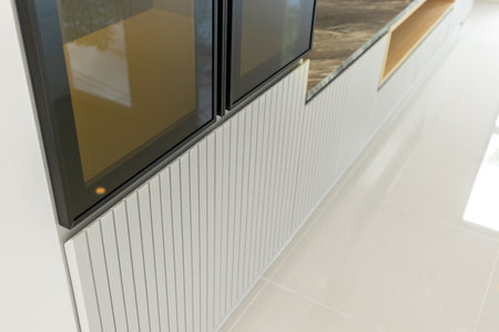 white modern wooden cabinet in houseの写真素材