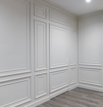 interior of wooden white wood texture background wall cladding in houseの写真素材