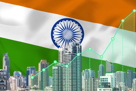 growth and recession stock. Featuring a skyline of skyscrapers symbolizing Real estate development and economic challenges, with the Indian flag as the backdropの写真素材