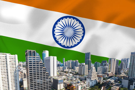 growth and recession stock. Featuring a skyline of skyscrapers symbolizing Real estate development and economic challenges, with the Indian flag as the backdropの写真素材