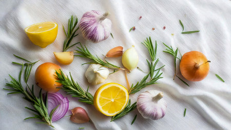 A flat lay photograph of fresh cooking ingredients, including garlic, onions, lemon, and rosemary sprigs, arranged on a white textured fabric background. Perfect for illustrating natural food, organic cooking, healthy recipes, and culinary preparation themes. Suitable for blogs, websites, and marketing materials focused on food, health, and cooking, an AI-powered design tool, and further refined to meet high-quality standardsの素材