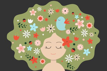 Spring greeting card. Cute girl with hair decorating with floral beetles and bird.のイラスト素材