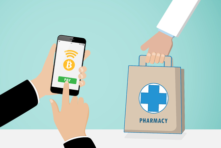Bitcoin currency payment in modern pharmacy store.のイラスト素材