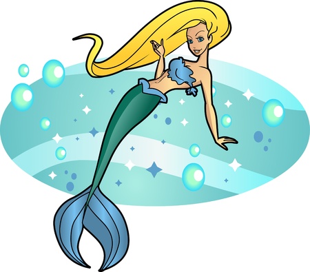 This beautiful blonde mermaid is an editable vector character swimming over a removable undersea background.のイラスト素材