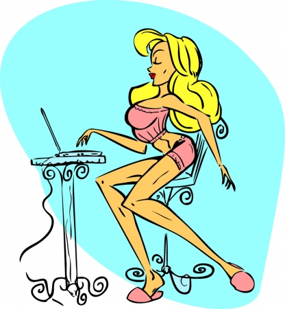 This sexy pin-up girl gracefully shops online. The background is removable.のイラスト素材