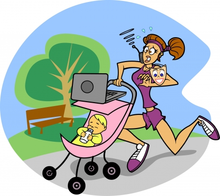 An editable vector cartoon of a beautiful woman who is balancing work, fitness and motherhood all at the same time.のイラスト素材