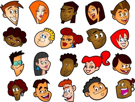 This is a set of 20 twenty different funny cartoon faces. All of the faces are separate from one another.のイラスト素材