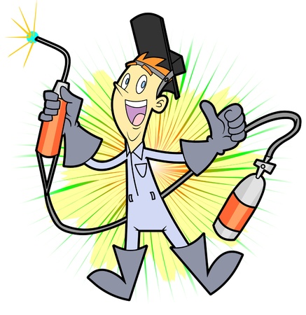 This smiling welder is happy to do his job and he is happy to represent you or your business. He is an editable vector character with a removable background.のイラスト素材