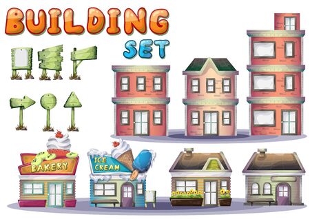 Cartoon vector building set for game and animation, game design assetのイラスト素材