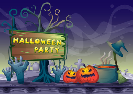 cartoon vector halloween background with separated layers for game and animation, game design assetのイラスト素材
